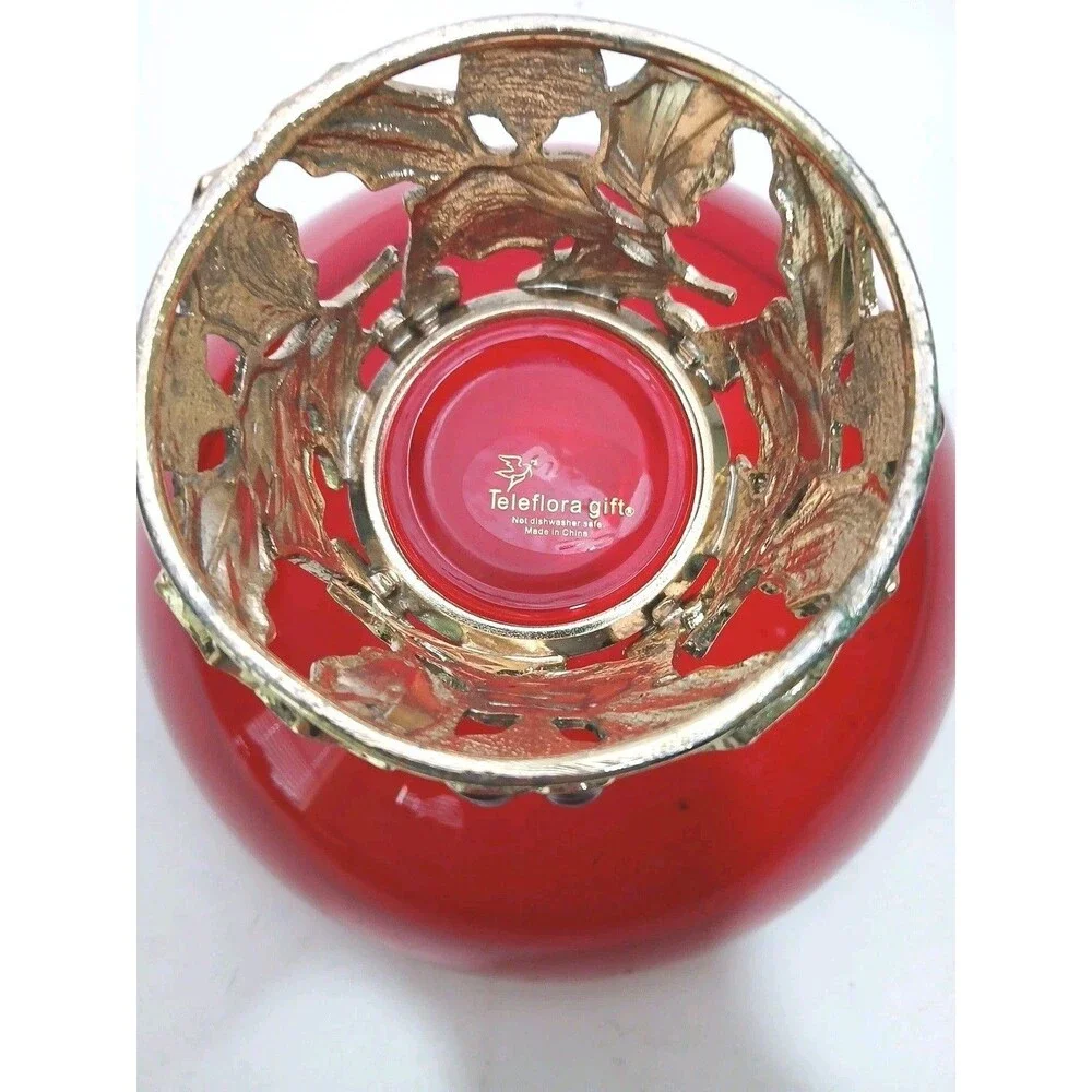 Teleflora Christmas Centerpiece Bowl Vase Red Glass Enameled Holly Berry Holiday